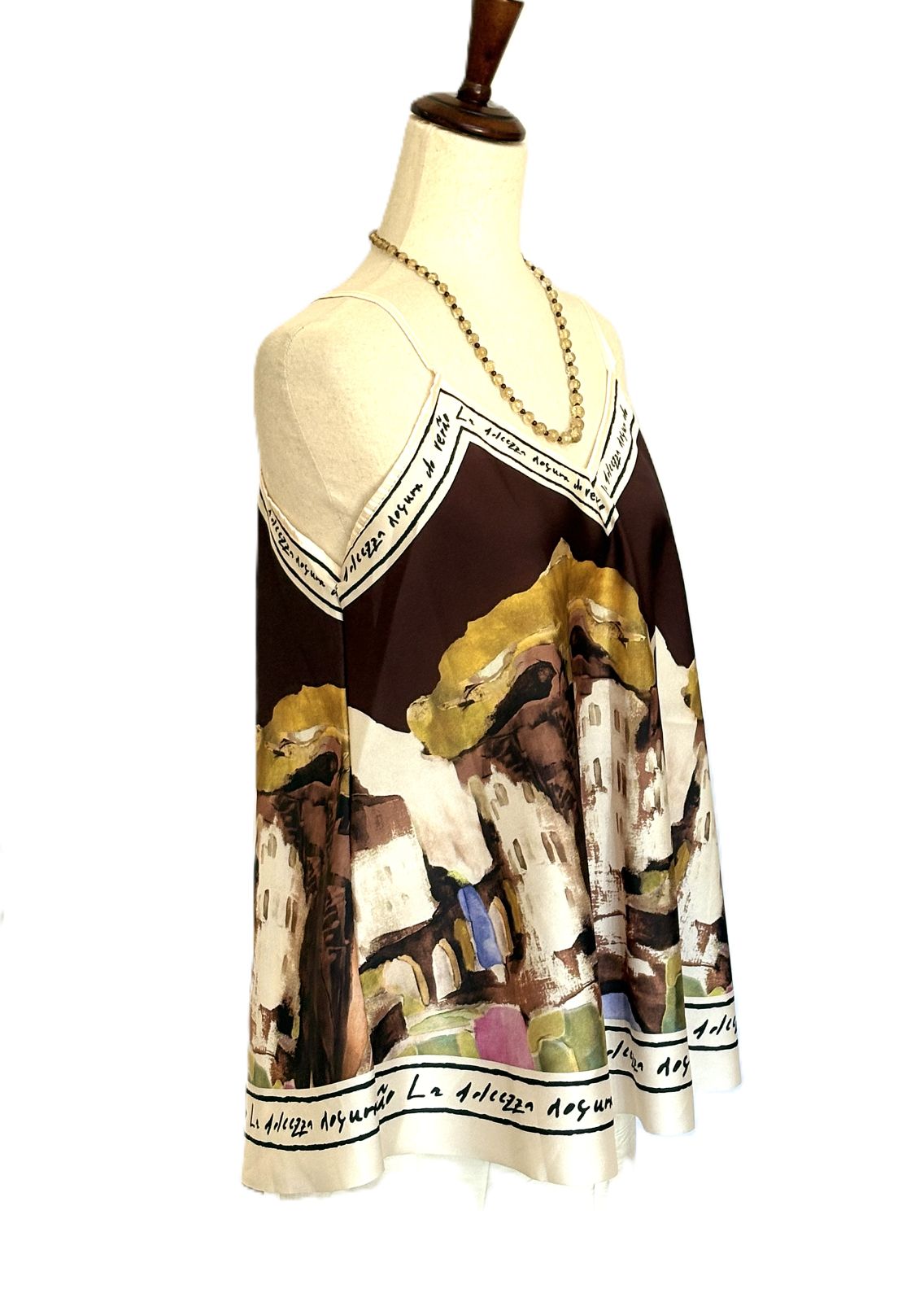 Tops,  Silky Scarf Mediterranean Print  Camisole. (Brown)