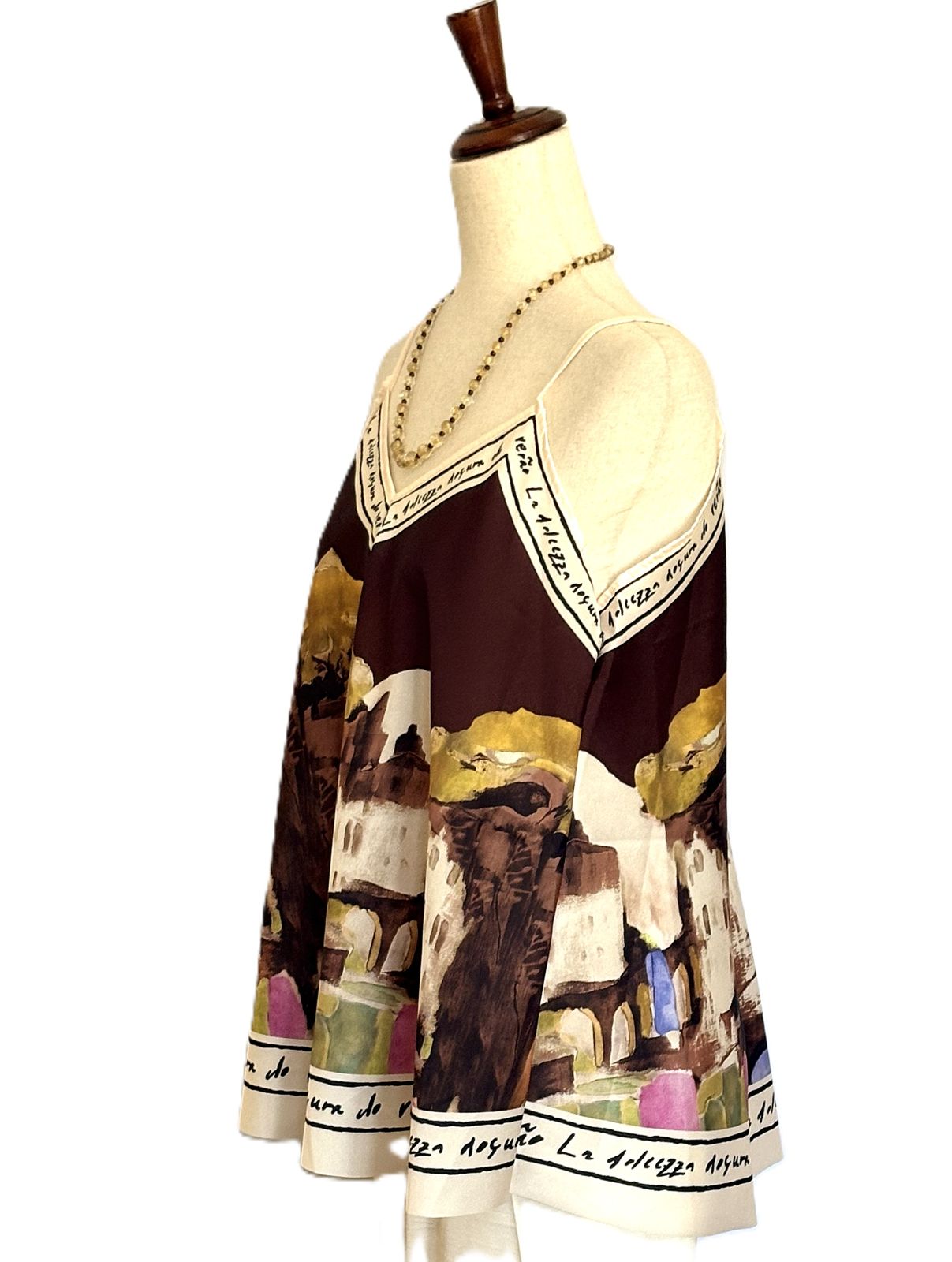 Tops,  Silky Scarf Mediterranean Print  Camisole. (Brown)