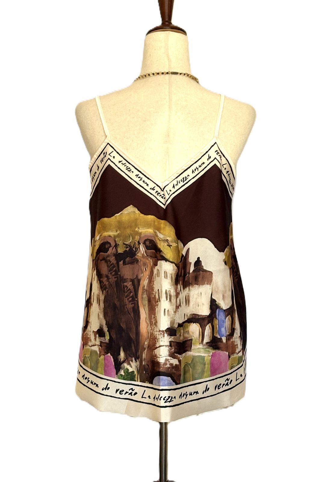 Tops,  Silky Scarf Mediterranean Print  Camisole. (Brown)