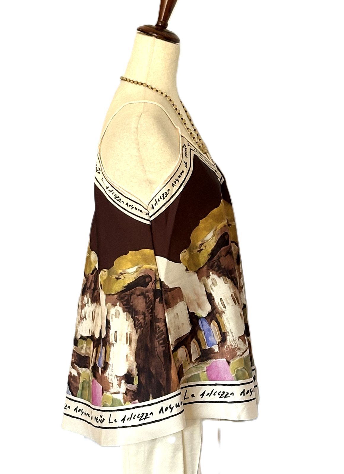 Tops,  Silky Scarf Mediterranean Print  Camisole. (Brown)