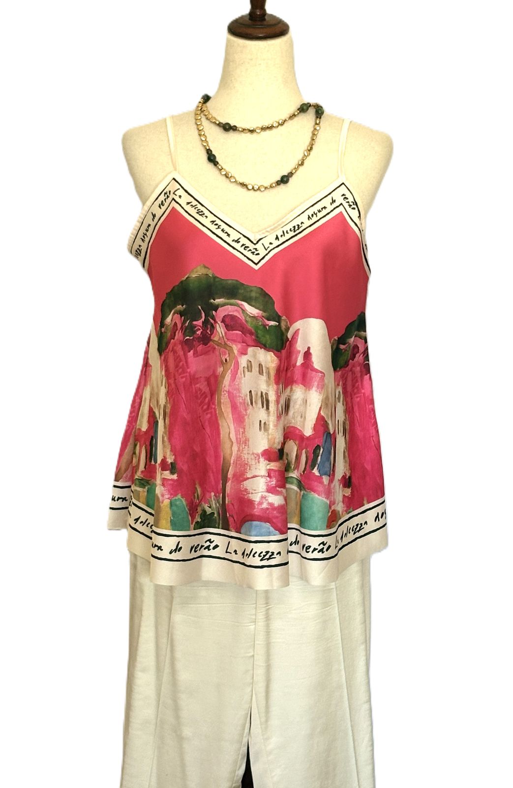 Tops,  Silky Scarf Mediterranean Print  Camisole (Pink)