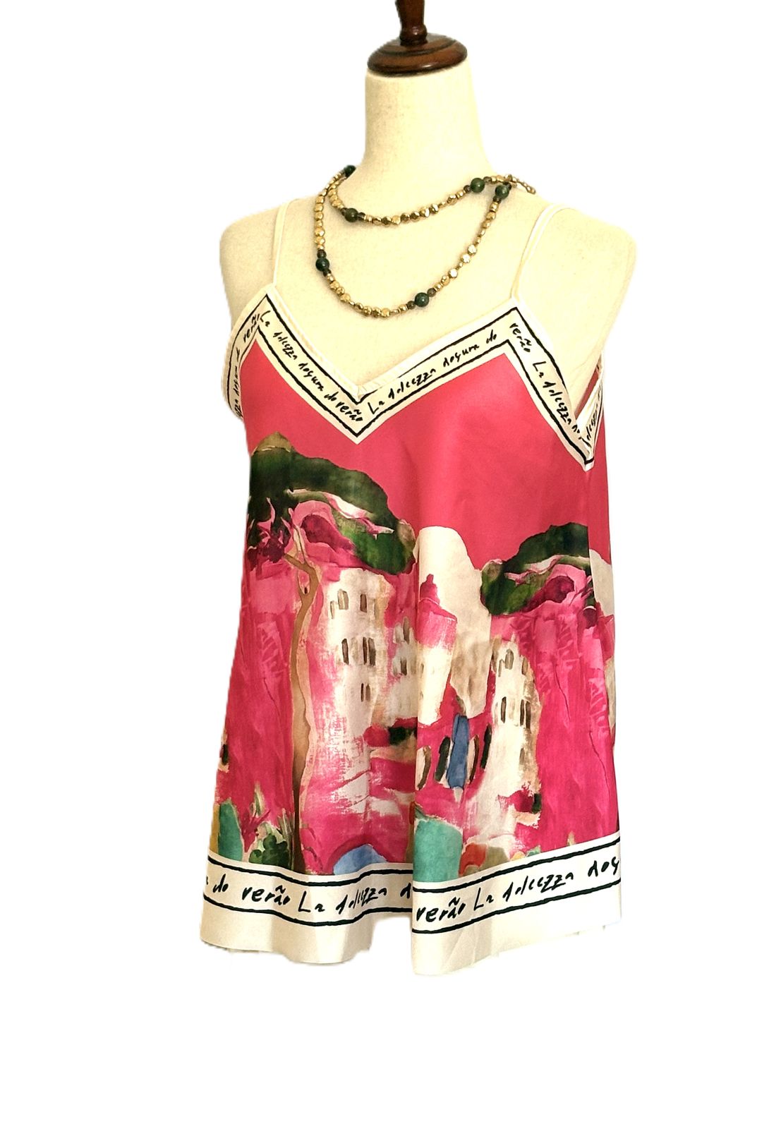 Tops,  Silky Scarf Mediterranean Print  Camisole (Pink)