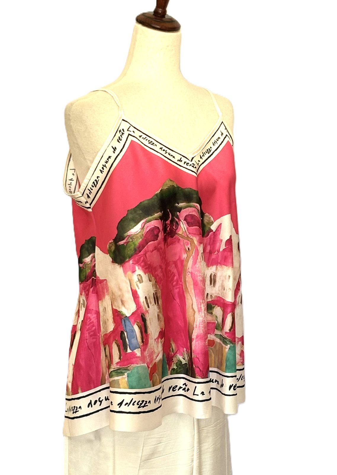 Tops,  Silky Scarf Mediterranean Print  Camisole (Pink)