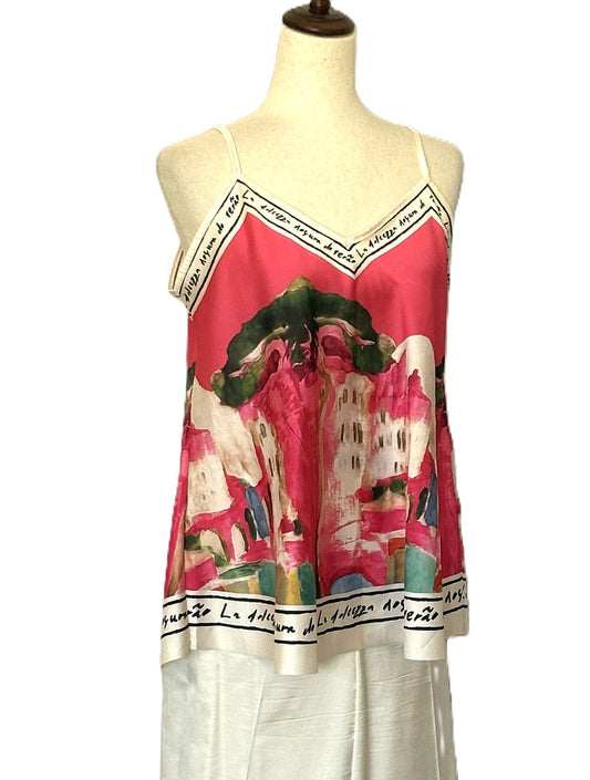 Tops,  Silky Scarf Mediterranean Print  Camisole (Pink)