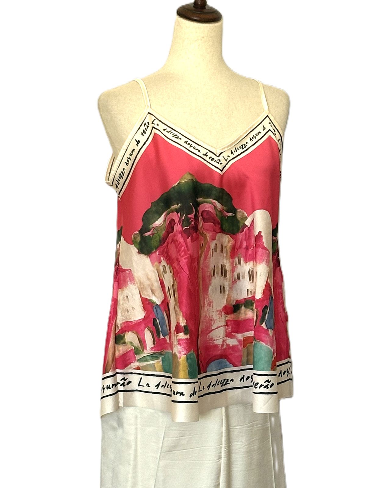 Tops,  Silky Scarf Mediterranean Print  Camisole (Pink)