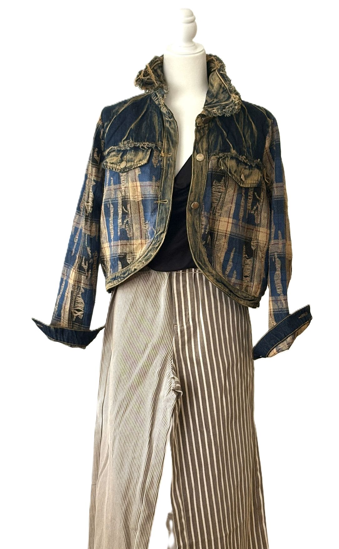 Jacket: Vintage Style Plaid Patchwork Denim Top With Frayed Edges (2 Colors)