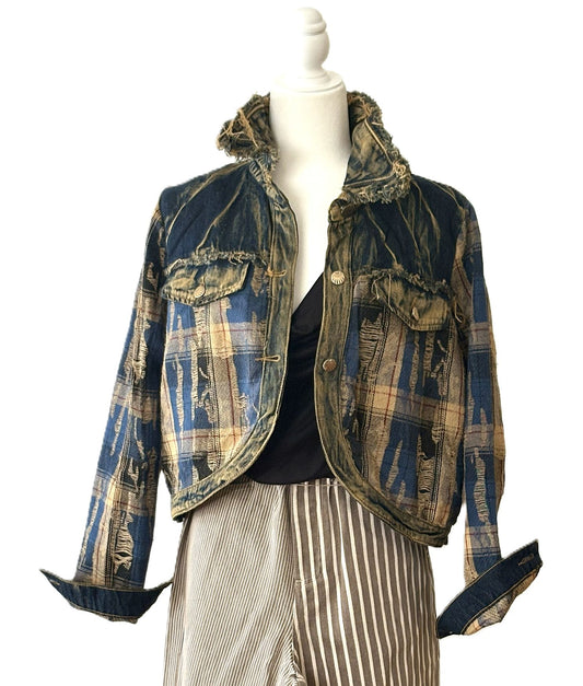 Jacket: Vintage Style Plaid Patchwork Denim Top With Frayed Edges (2 Colors)