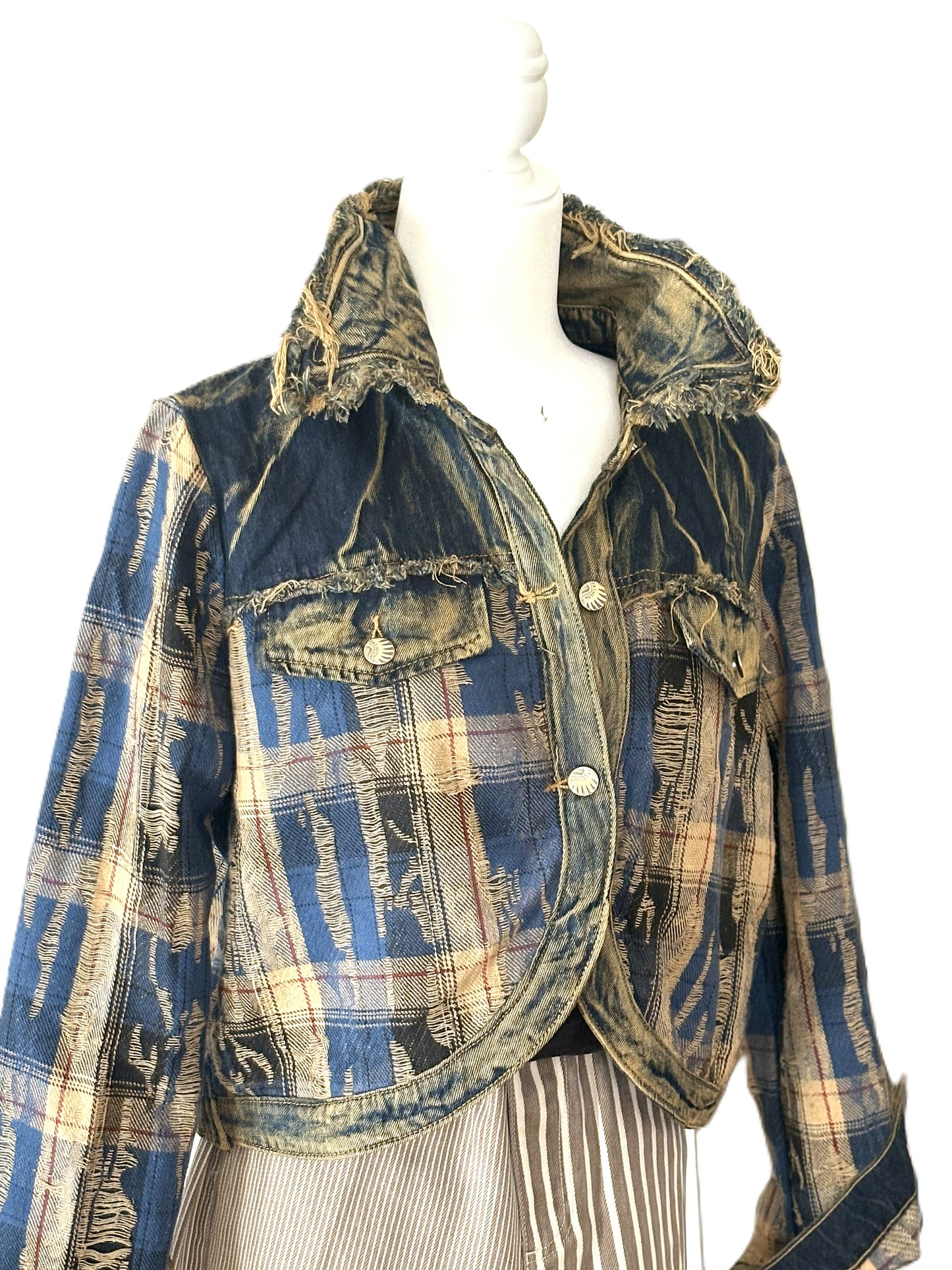 Jacket: Vintage Style Plaid Patchwork Denim Top With Frayed Edges (2 Colors)