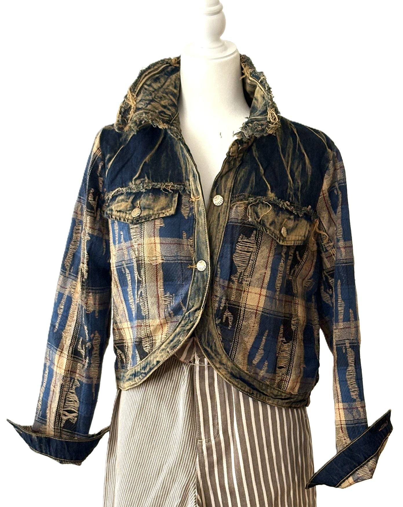 Jacket: Vintage Style Plaid Patchwork Denim Top With Frayed Edges (2 Colors)