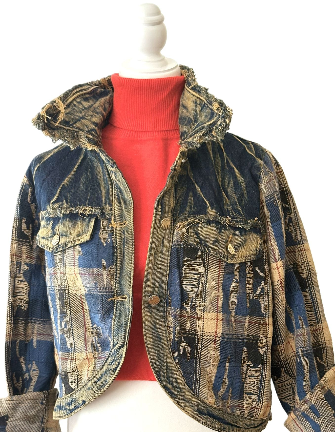 Jacket: Vintage Style Plaid Patchwork Denim Top With Frayed Edges (2 Colors)