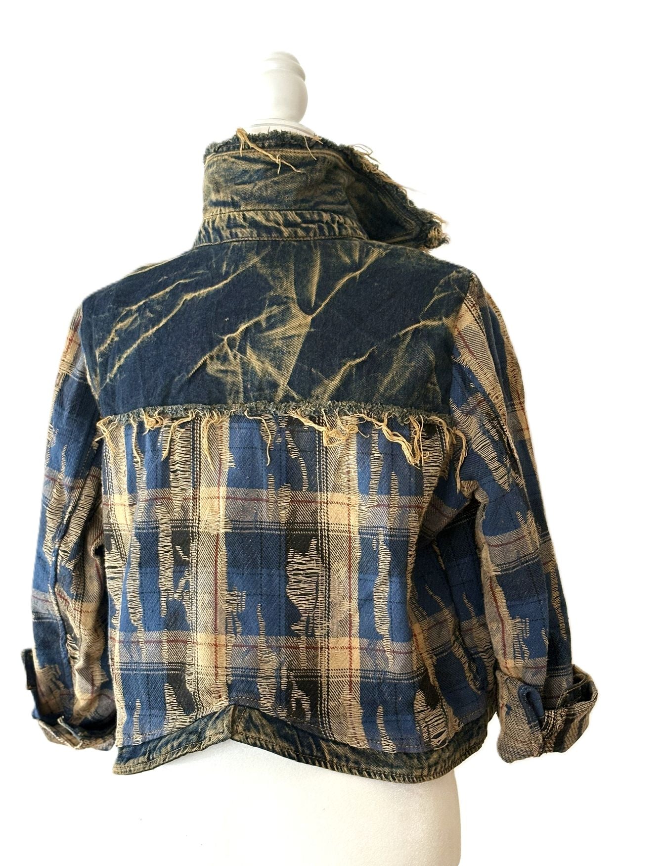 Jacket: Vintage Style Plaid Patchwork Denim Top With Frayed Edges (2 Colors)