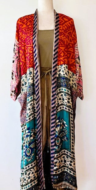 Top of the Line Silk Kimono Duster,  Rich Mixed Print: Red