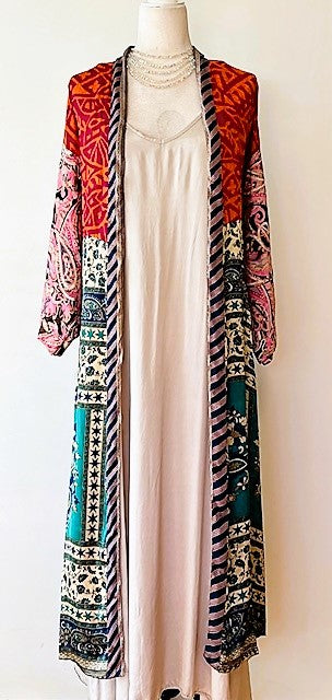 Top of the Line Silk Kimono Duster,  Rich Mixed Print: Red