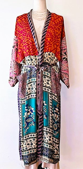 Top of the Line Silk Kimono Duster,  Rich Mixed Print: Red