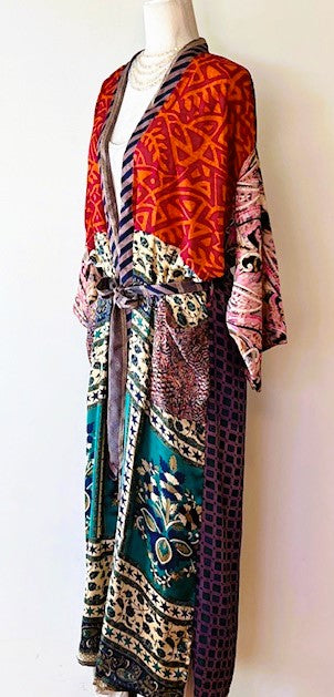 Top of the Line Silk Kimono Duster,  Rich Mixed Print: Red