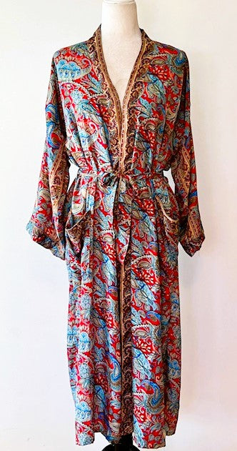 Silk Kimono Duster In A Beautiful,  Rich Print: Red