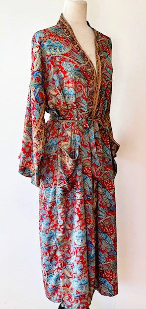 Silk Kimono Duster In A Beautiful,  Rich Print: Red