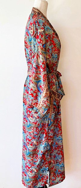 Silk Kimono Duster In A Beautiful,  Rich Print: Red