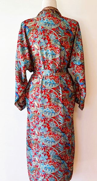 Silk Kimono Duster In A Beautiful,  Rich Print: Red