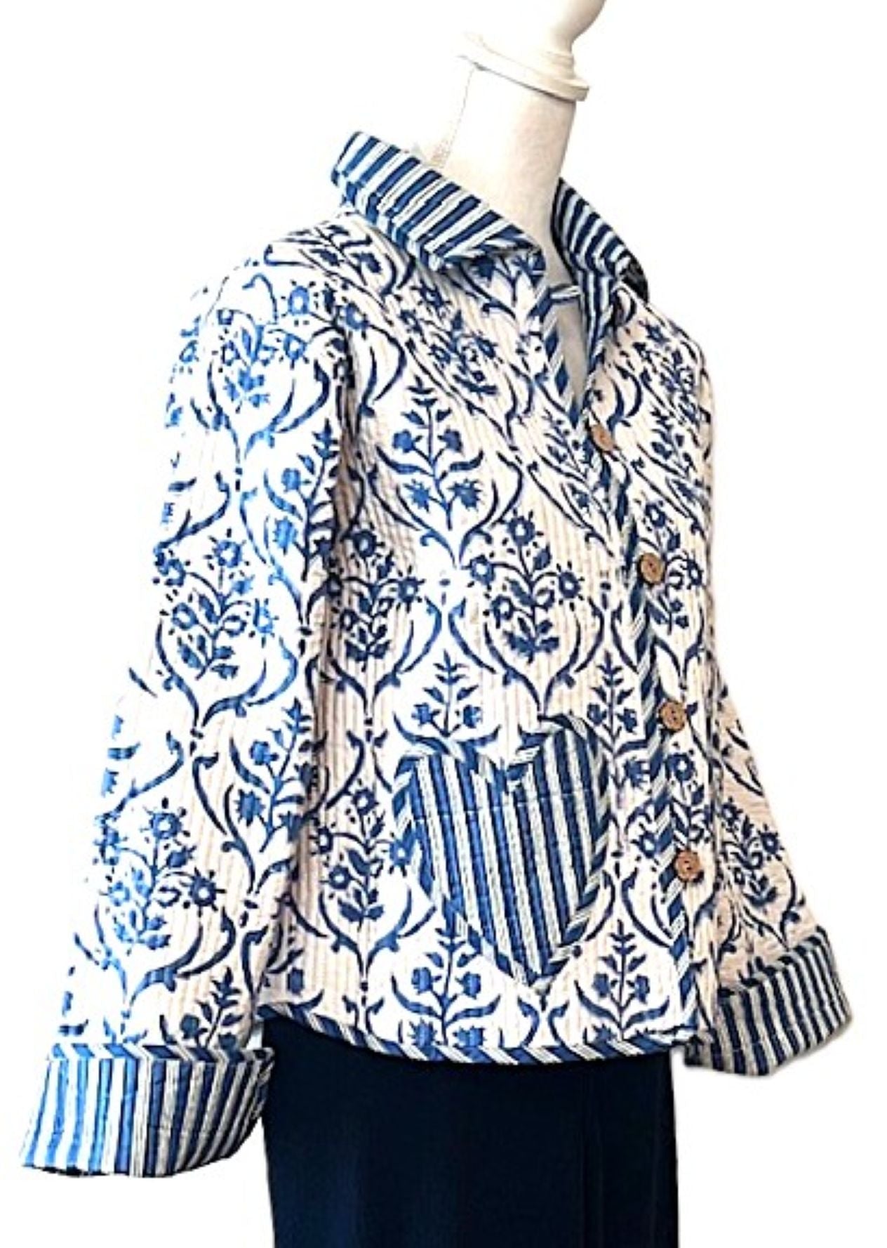 Reversible Cotton Quilted Jacket: Floral Print, Stripe Piping, Button Front (Blue).