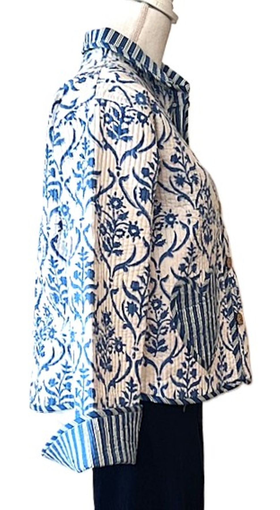 Reversible Cotton Quilted Jacket: Floral Print, Stripe Piping, Button Front (Blue).
