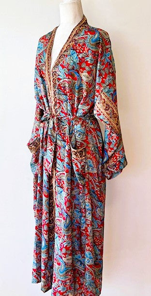 Silk Kimono Duster In A Beautiful,  Rich Print: Red