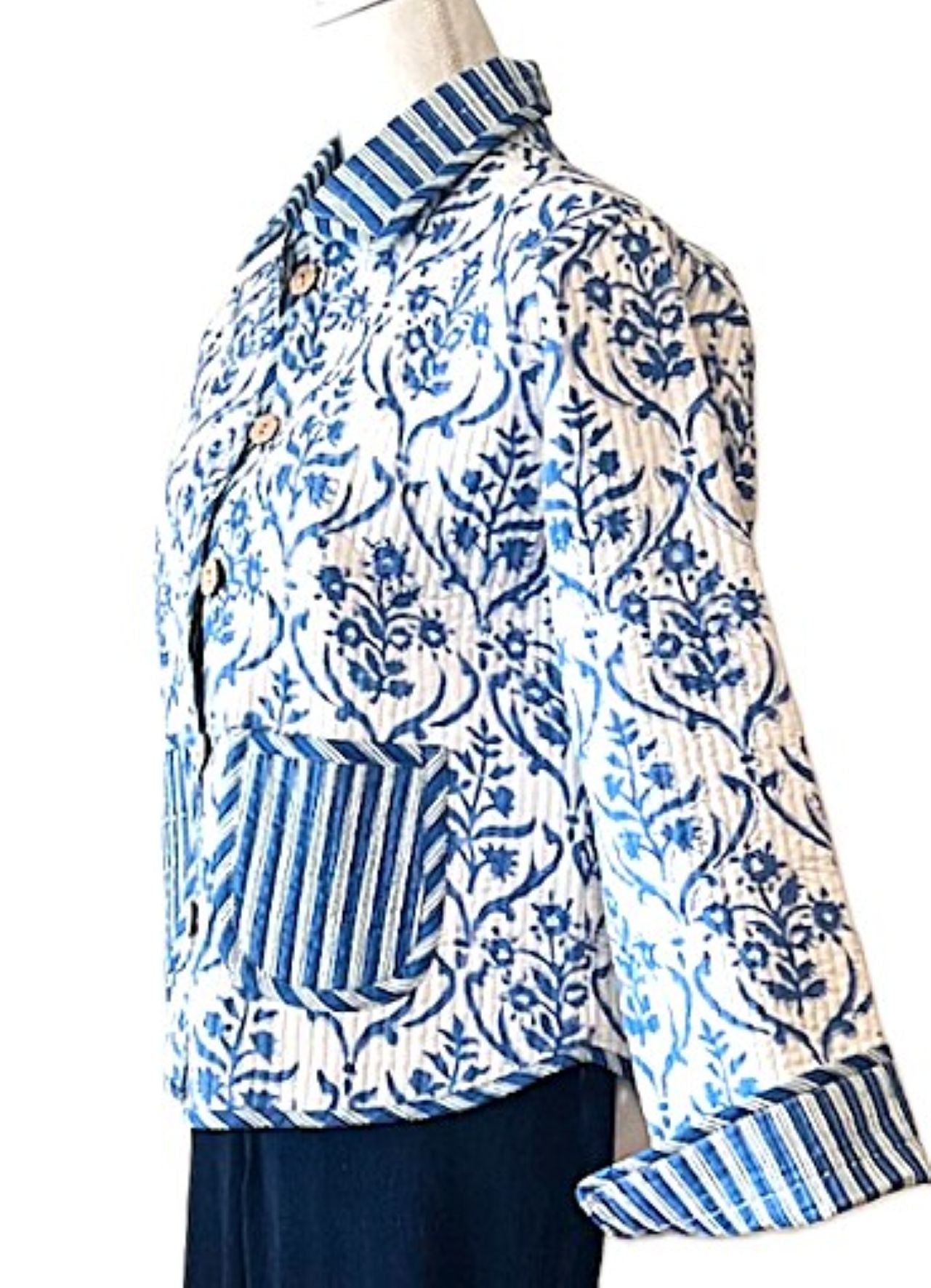 Reversible Cotton Quilted Jacket: Floral Print, Stripe Piping, Button Front (Blue).