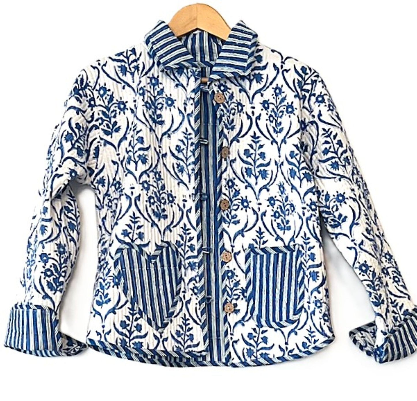 Reversible Cotton Quilted Jacket: Floral Print, Stripe Piping, Button Front (Blue).