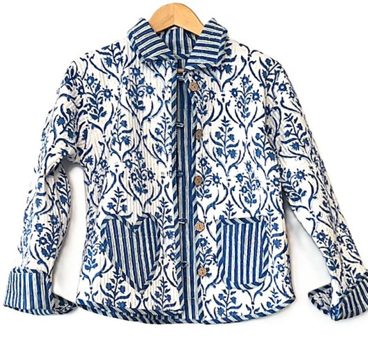 Reversible Cotton Quilted Jacket: Floral Print, Stripe Piping, Button Front (Blue).