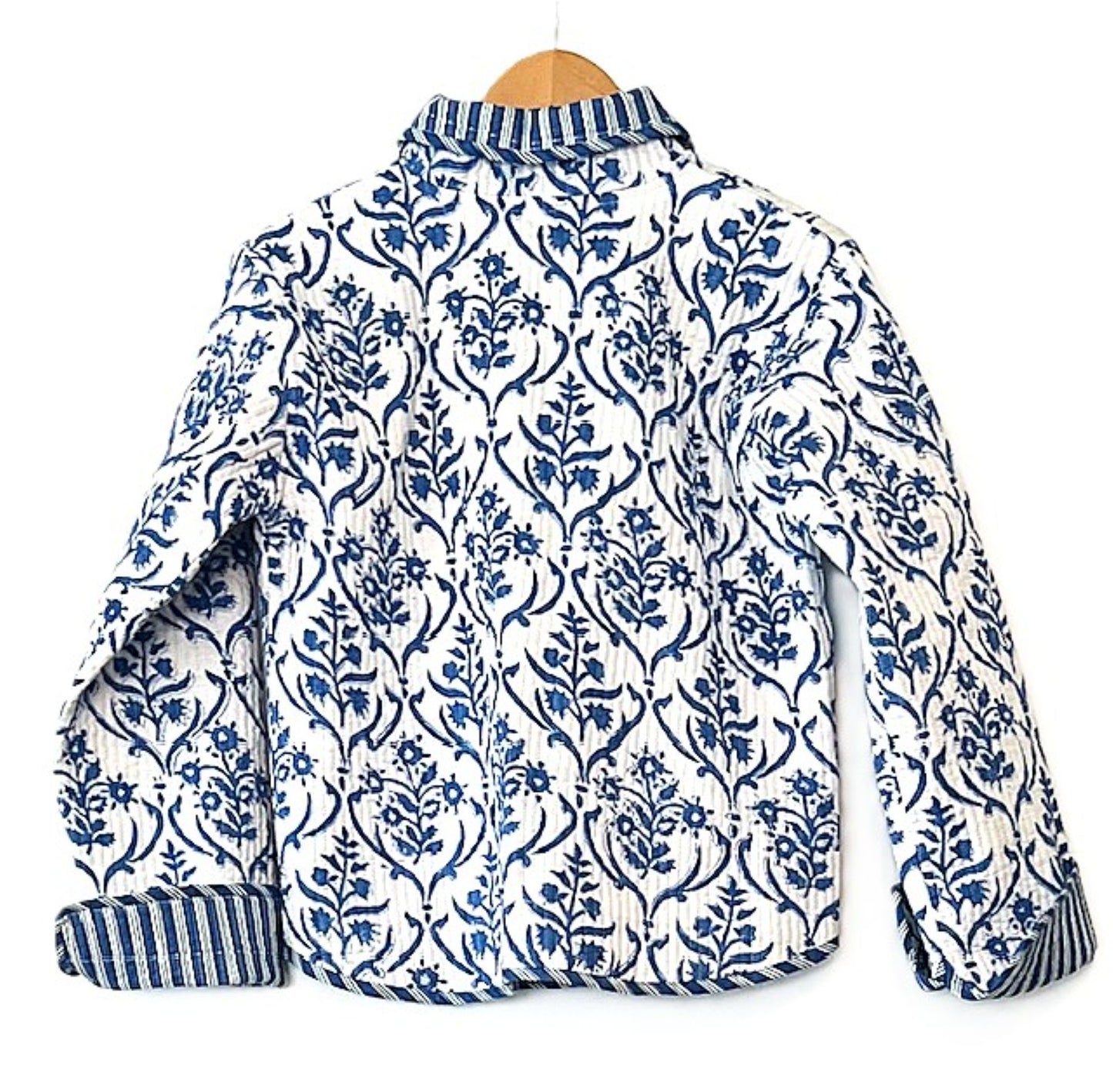 Reversible Cotton Quilted Jacket: Floral Print, Stripe Piping, Button Front (Blue).