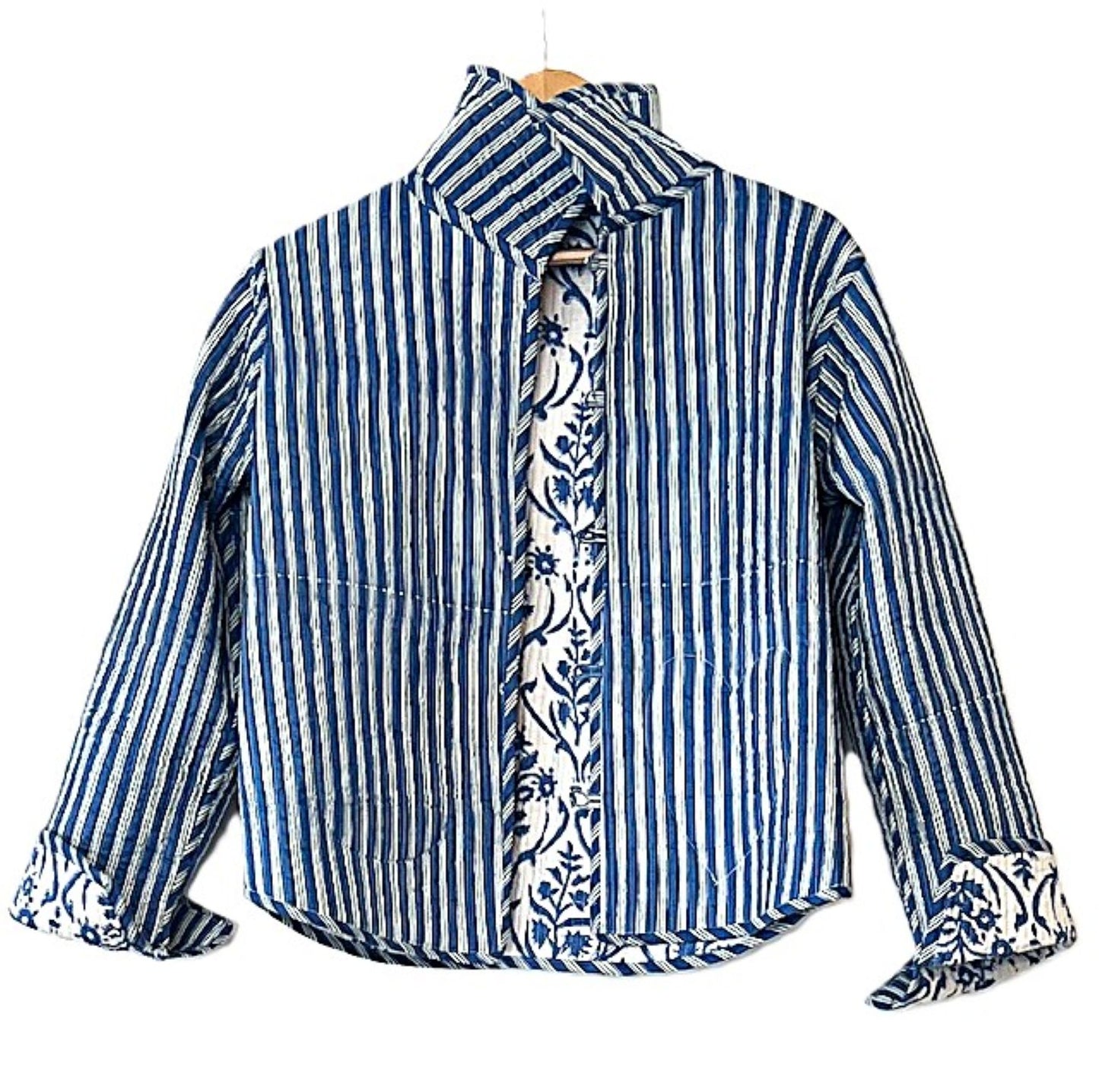 Reversible Cotton Quilted Jacket: Floral Print, Stripe Piping, Button Front (Blue).