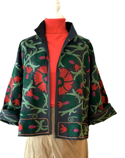 Wearable Art In This Hand Embroidered Short Jacket.  (Dark Navy)