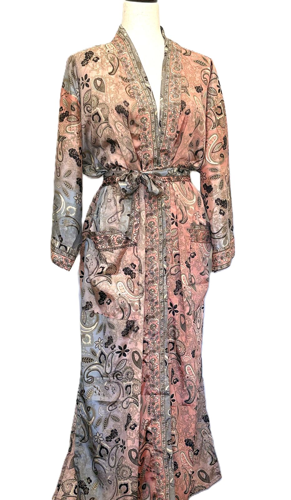 Signature Collection, Long Silk Kimono Duster In A Complex Print.