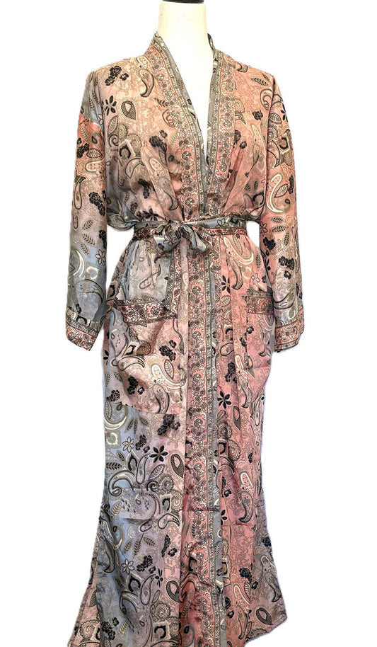 Signature Collection, Long Silk Kimono Duster In A Complex Print.