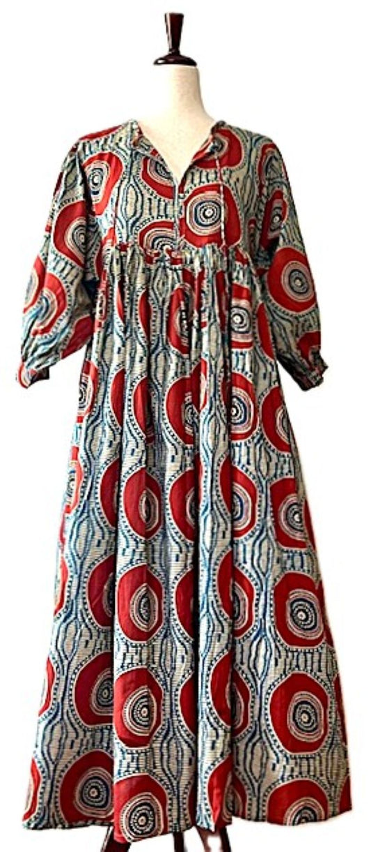 Dresses: Flared Geometric Midi Block Print.(Red Black)