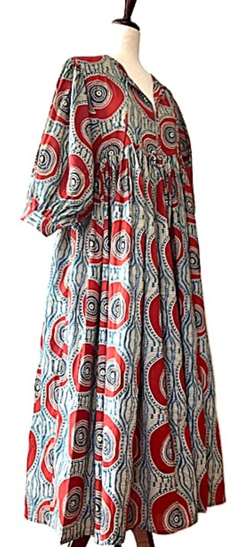 Dresses: Flared Geometric Midi Block Print.(Red Black)