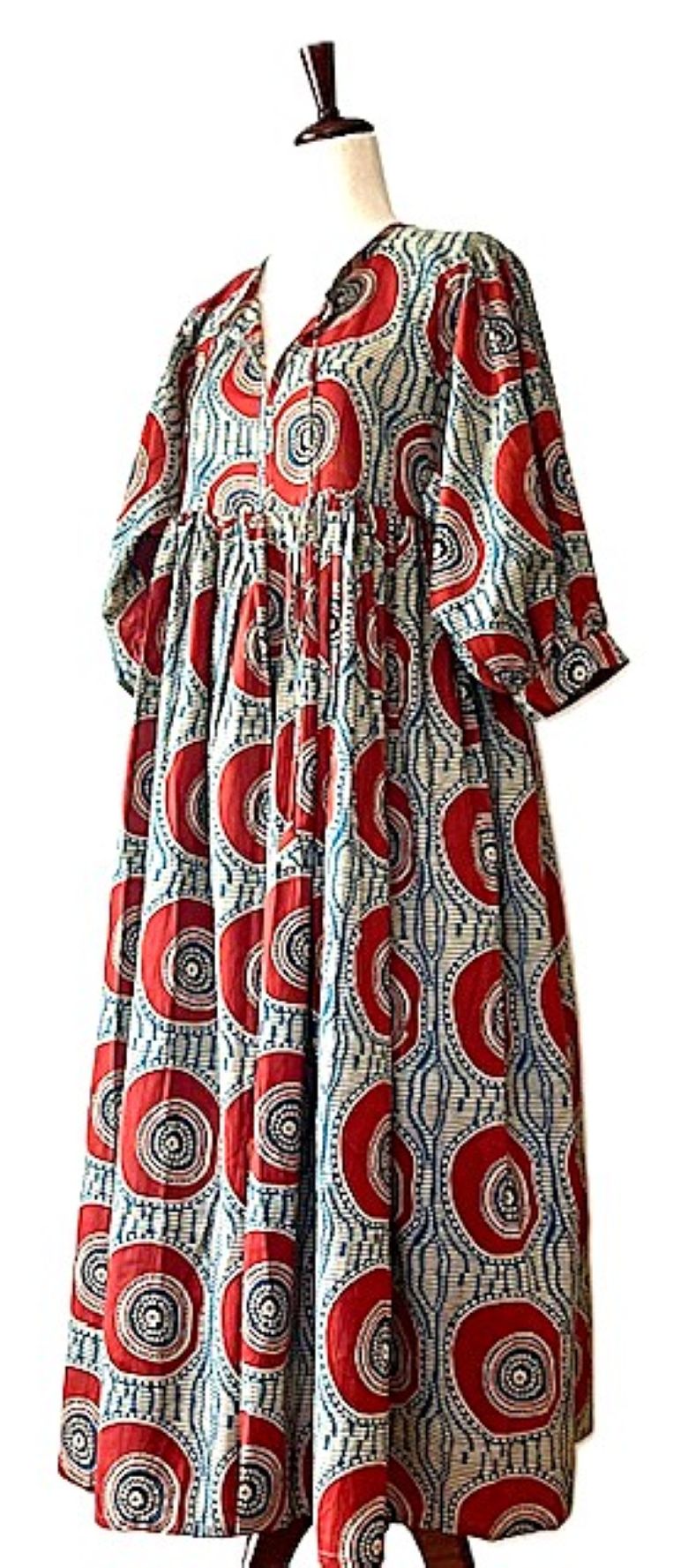 Dresses: Flared Geometric Midi Block Print.(Red Black)