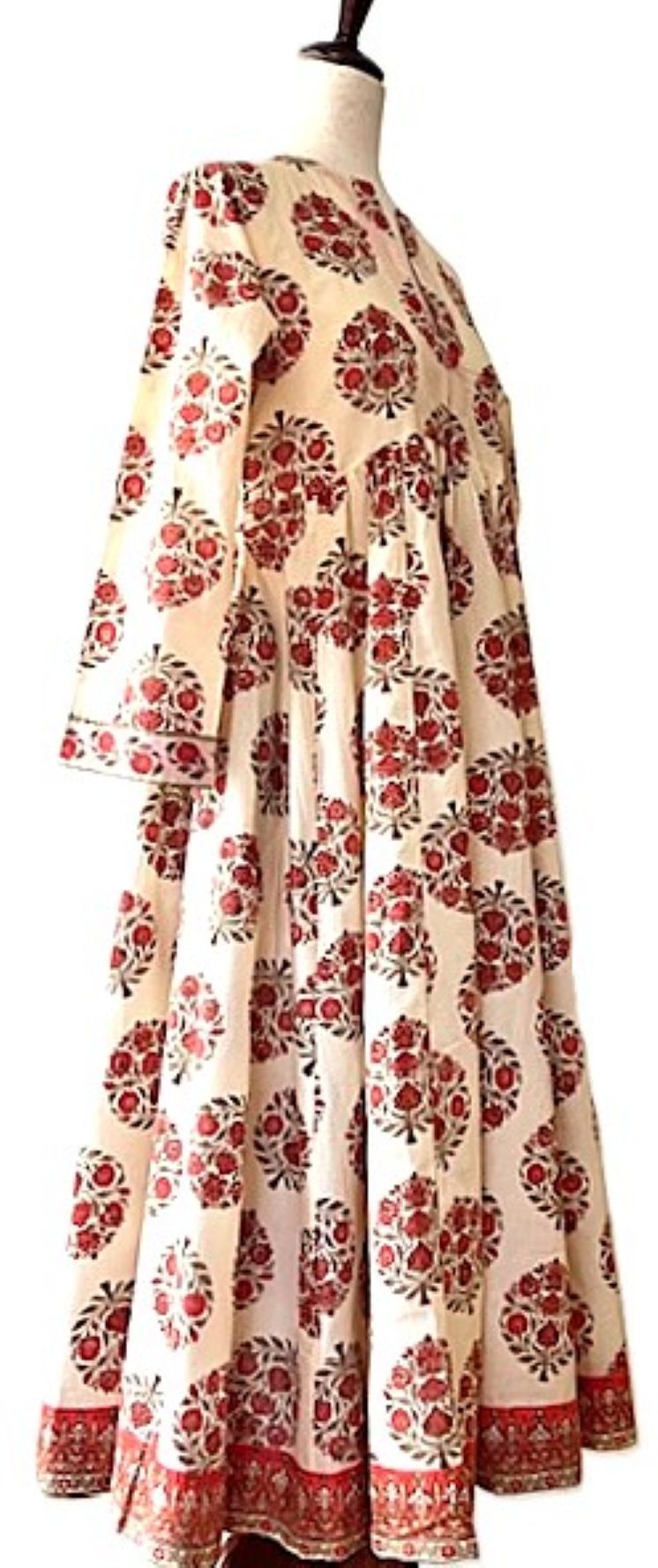 Dresses: Flattering Flared Midi Block Print Floral Cotton. (Red)