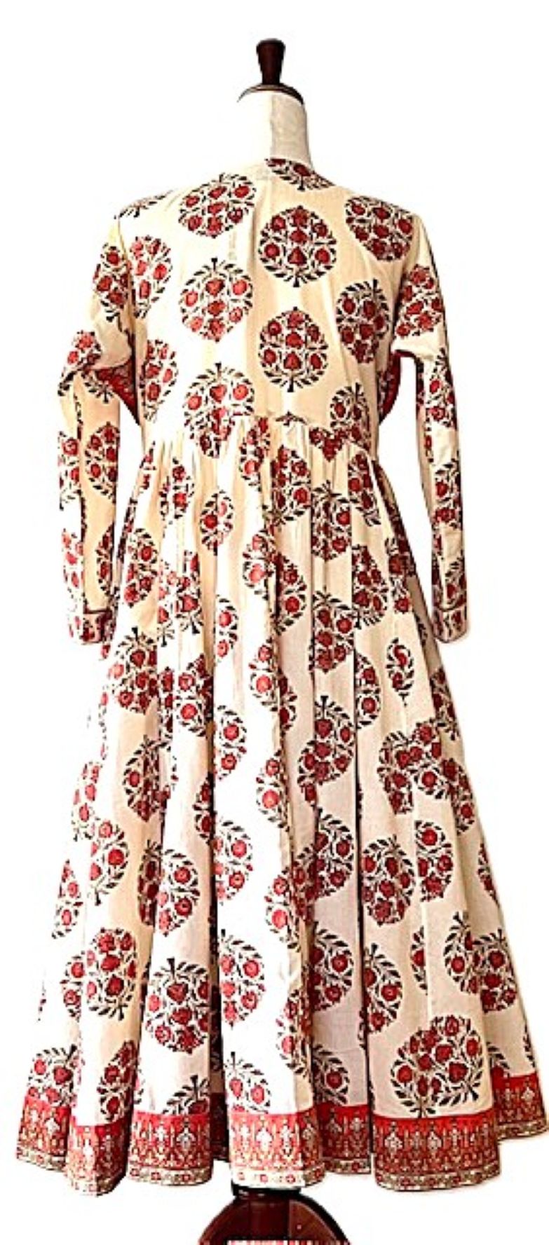 Dresses: Flattering Flared Midi Block Print Floral Cotton. (Red)