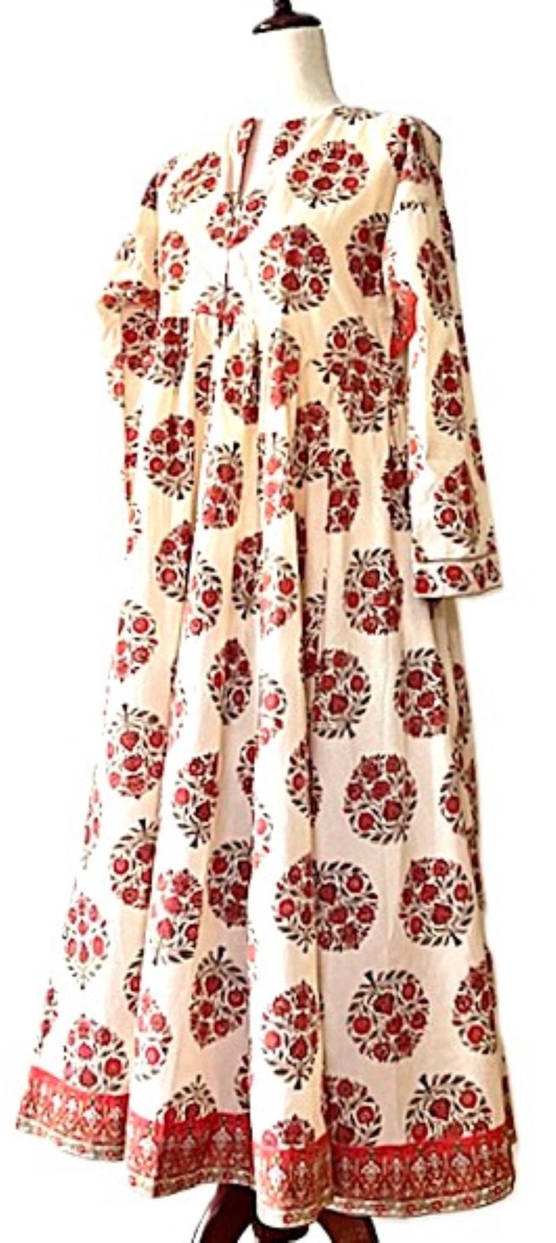 Dresses: Flattering Flared Midi Block Print Floral Cotton. (Red)