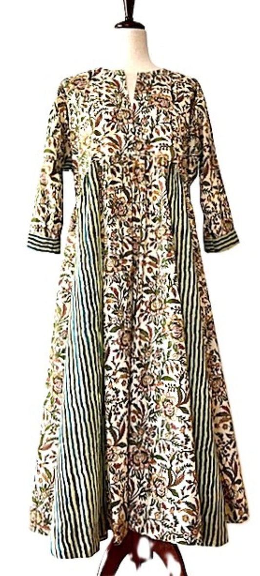 Dresses: Midi Block Print Floral Cotton With Inset Panels (Green)