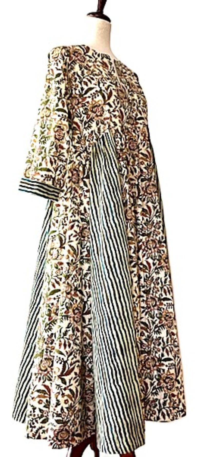 Dresses: Midi Block Print Floral Cotton With Inset Panels (Green)