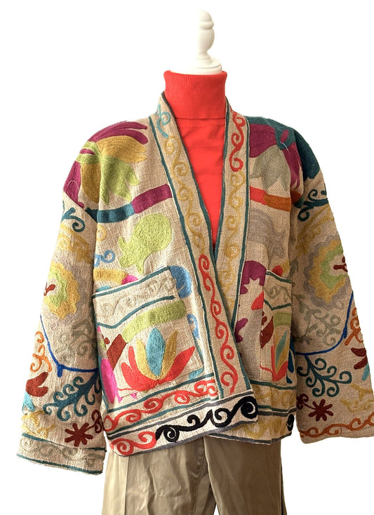 Wearable Art In This Hand Embroidered Short Jacket.(Beige)
