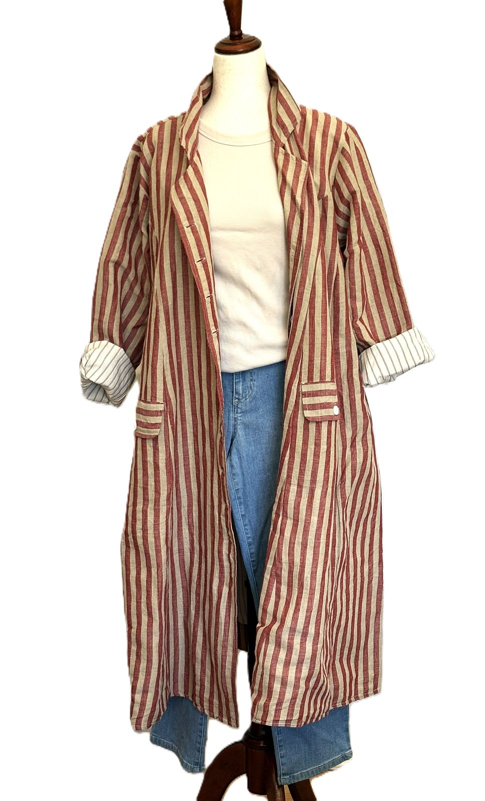 Coat: Long Sleeve Crafted Long Red Brick Striped Cotton Coat. A Hit!