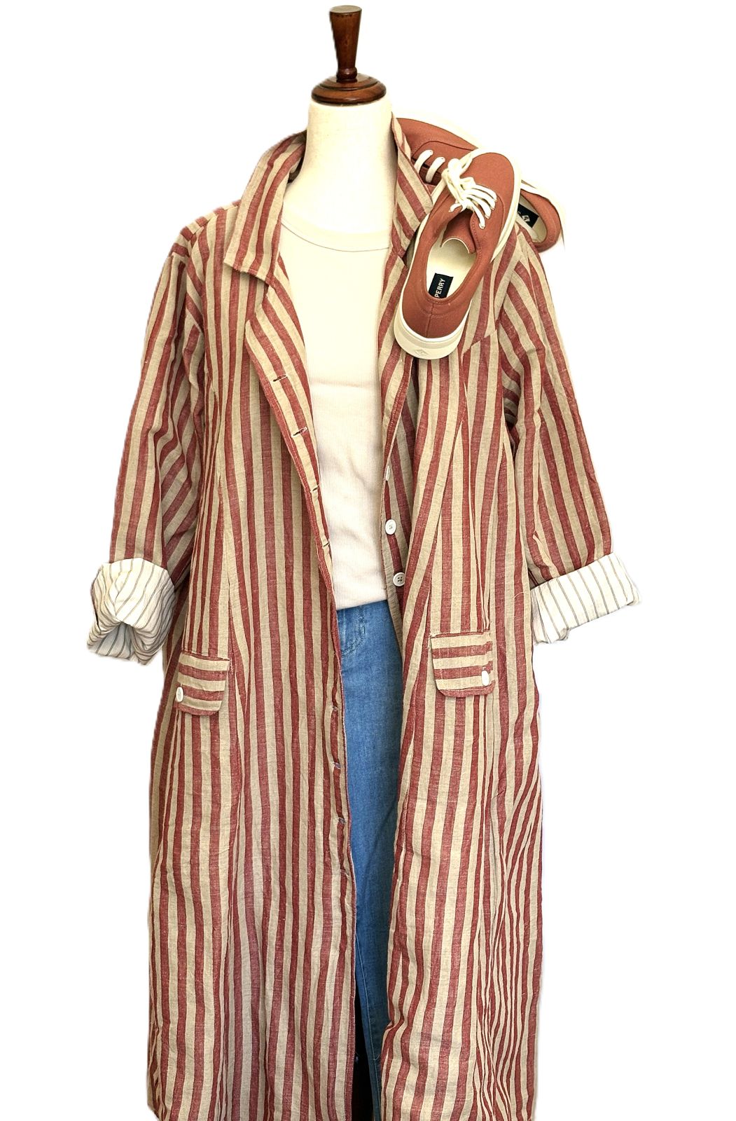 Coat: Long Sleeve Crafted Long Red Brick Striped Cotton Coat. A Hit!