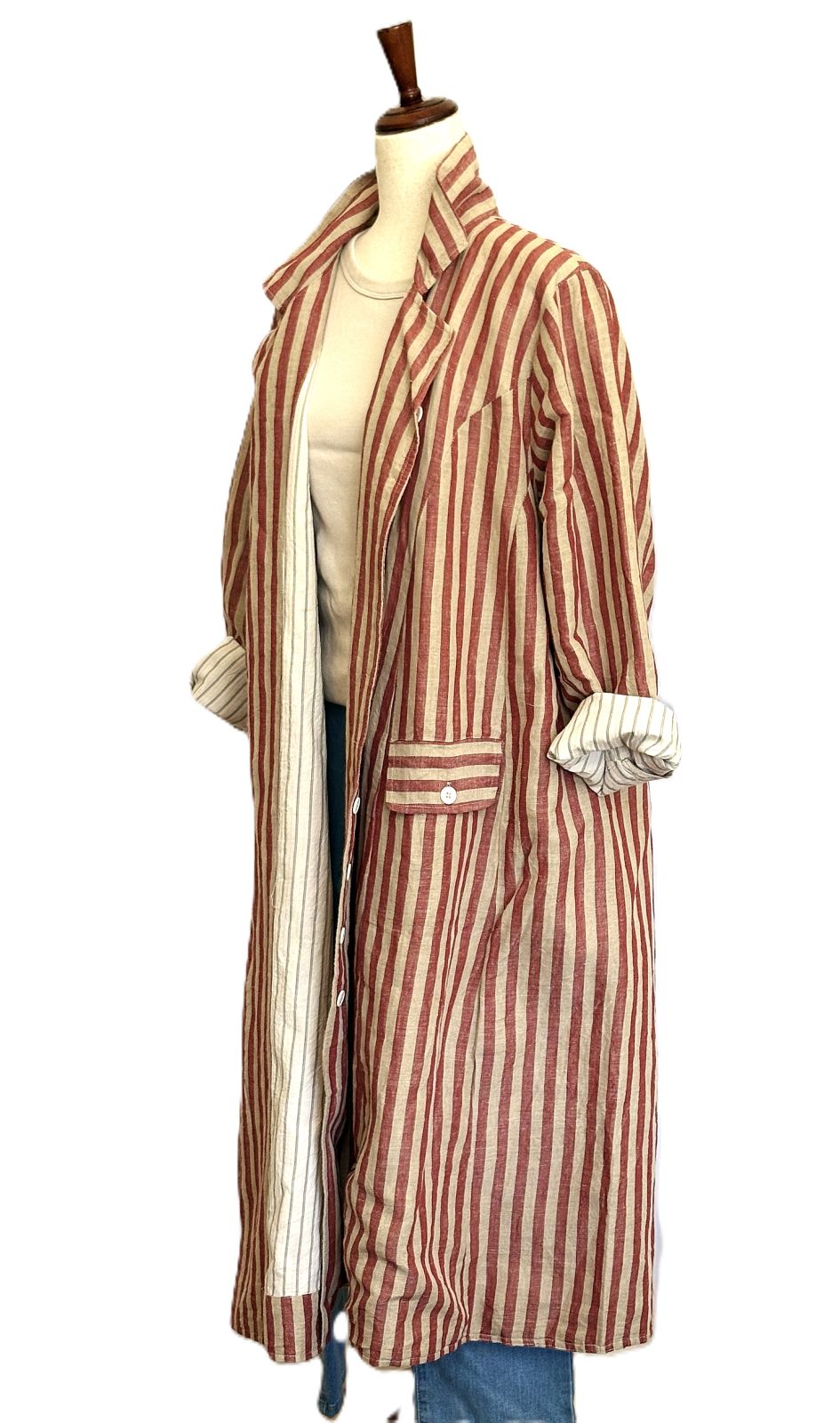 Coat: Long Sleeve Crafted Long Red Brick Striped Cotton Coat. A Hit!