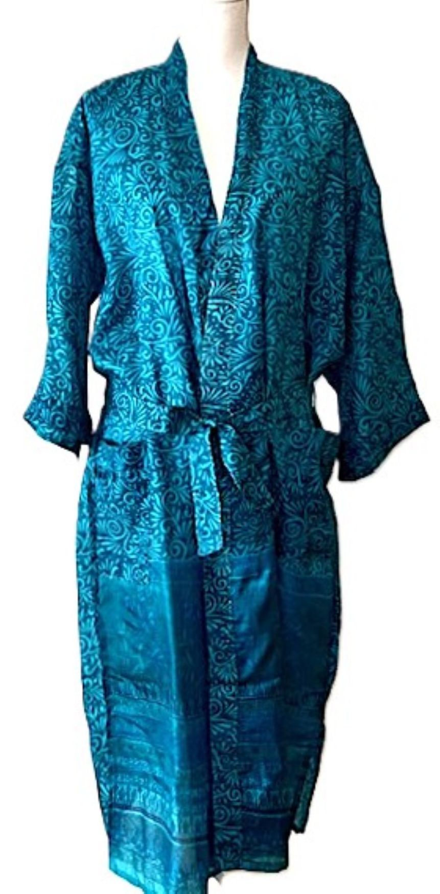 Luxurious Rich Silk Long Kimono Duster. Glamorous (Turquois)