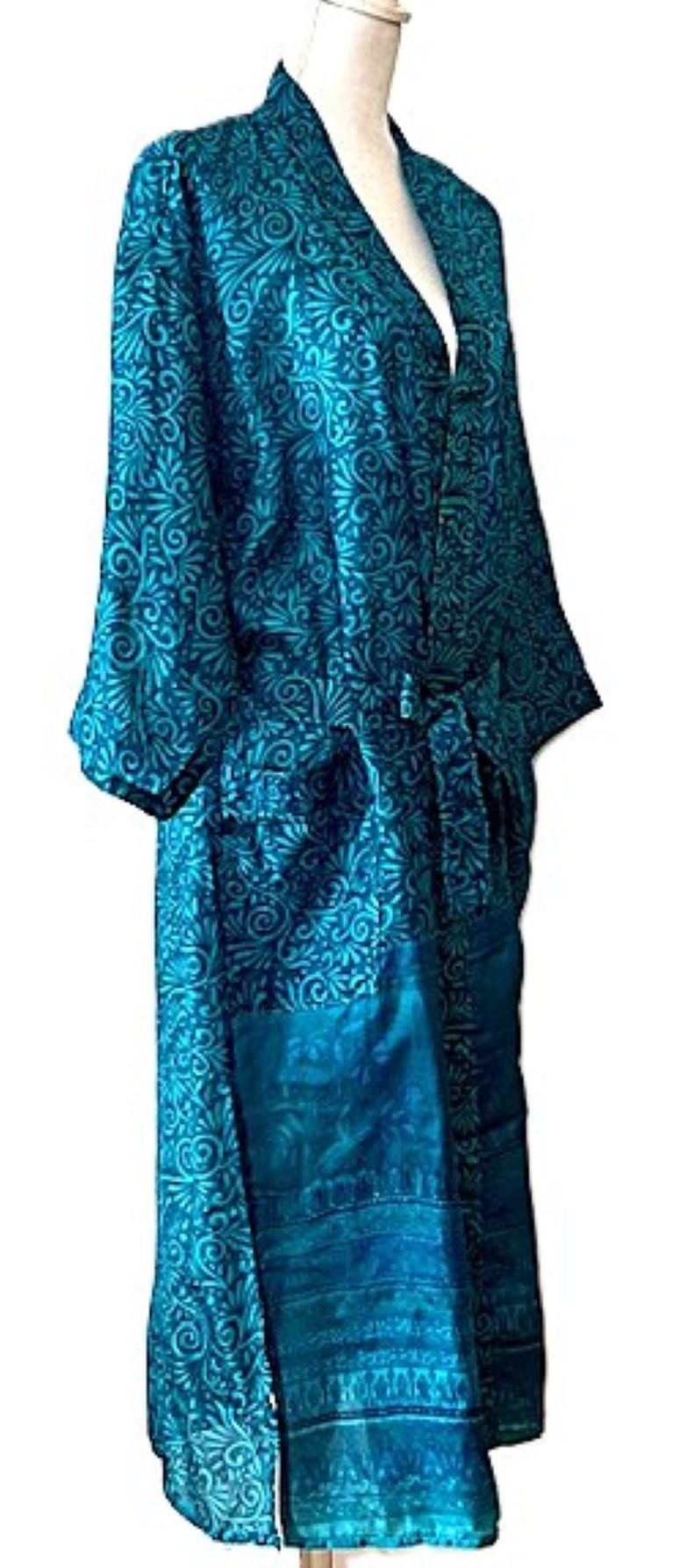 Luxurious Rich Silk Long Kimono Duster. Glamorous (Turquois)