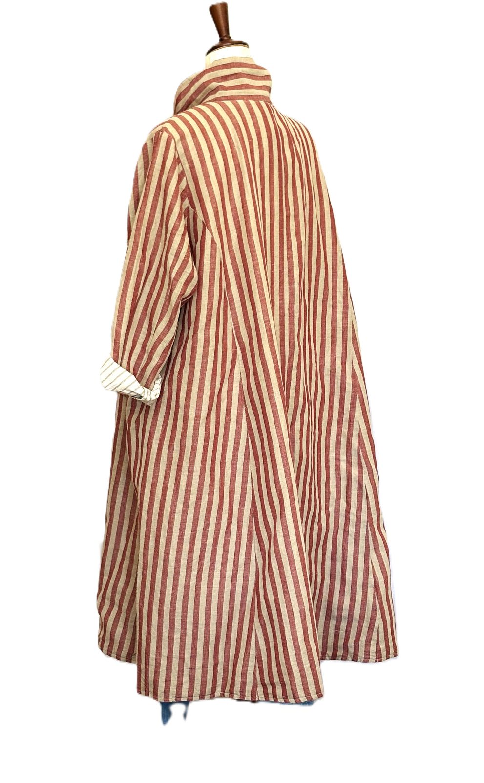 Coat: Long Sleeve Crafted Long Red Brick Striped Cotton Coat. A Hit!