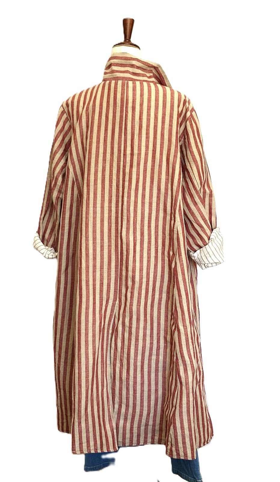 Coat: Long Sleeve Crafted Long Red Brick Striped Cotton Coat. A Hit!